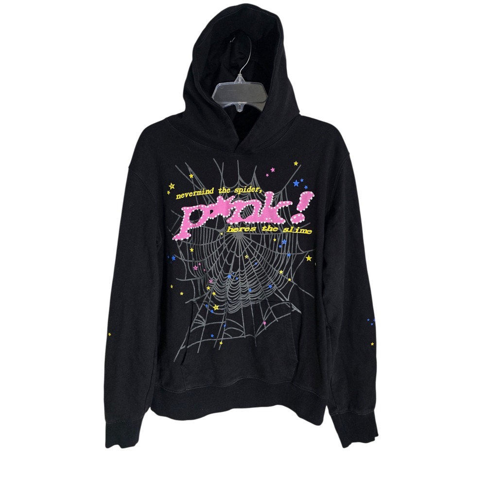 Sp5der Worldwide Pink Punk Hoodie Black Spider Web Slime Stars Large Unisex